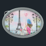 Hebilla De Cinturón Oval Woman In Paris Eiffel Tower Belt Buckle<br><div class="desc">Pretty Lady with Pink Heart Balloon - I Love Paris - Romantic Drawing - Choose / Add Your Unique Text / Font / Color - Make Your Special Gift - Resize and move or remove and add elements - Image / text with customization tool ! - Drawing and Design by...</div>