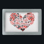 Hebilla De Cinturón Rectangular Apoyar a Ucrania con letras y corazón<br><div class="desc">Ilustracion de arte popular corazón y letras en estilo folclórico ucraniano al corazón, forma, Pureza, Lealtad, signo de paz, símbolo de paz, paz, no guerra, paro de guerra, antiguerra, Ucrania, Ucrania, patrón étnico, orgulloso, estado, gobierno, Rótulo, símbolo, libertad, nacional, país, independencia, patrón, etnia, etno, arte folclórico, Zelensky, Kiev, Kiev UA,...</div>