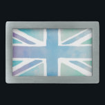 Hebilla De Cinturón Rectangular Bandera de unión de color azul pastel<br><div class="desc">Bandera de Union Jack en azul pastel y acuarela malva descolorida.</div>
