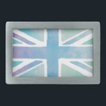 Hebilla De Cinturón Rectangular Bandera de unión de color azul pastel<br><div class="desc">Bandera de Union Jack en azul pastel y acuarela malva descolorida.</div>