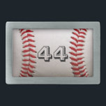 Hebilla De Cinturón Rectangular Béisbol con número de Personalizable<br><div class="desc">Fotografía macro de un nuevo béisbol con costura roja. Un regalo perfecto para los aficionados al béisbol o al softball.</div>