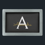 Hebilla De Cinturón Rectangular Black Gold Modern Script Girly Monograma Nombre<br><div class="desc">Hebilla del cinturón de nombres de la correa del guión simple negro y dorado. Esto hace que la graduación perfecta, dulce 16 16, 18, 21, 30, 40, 50, 60, 70, 80, 90, 100 años, boda, ducha de novias, aniversario, ducha de bebé o despedida de soltera para alguien que ama el...</div>
