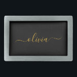 Hebilla De Cinturón Rectangular Black Gold Modern Script Girly Monograma Nombre<br><div class="desc">Hebilla del cinturón de nombres de la correa del guión simple negro y dorado. Esto hace que la graduación perfecta, dulce 16 16, 18, 21, 30, 40, 50, 60, 70, 80, 90, 100 años, boda, ducha de novias, aniversario, ducha de bebé o despedida de soltera para alguien que ama el...</div>