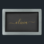 Hebilla De Cinturón Rectangular Black Gold Modern Script Girly Monograma Nombre<br><div class="desc">Hebilla del cinturón de nombres de la correa del guión simple negro y dorado. Esto hace que la graduación perfecta, dulce 16 16, 18, 21, 30, 40, 50, 60, 70, 80, 90, 100 años, boda, ducha de novias, aniversario, ducha de bebé o despedida de soltera para alguien que ama el...</div>