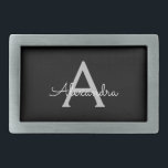 Hebilla De Cinturón Rectangular Black Silver Modern Script Girly Monograma Nombre<br><div class="desc">Hebilla del cinturón de nombres de la correa del guión simple negro y plateado. Esto hace que la graduación perfecta, dulce 16 16, 18, 21, 30, 40, 50, 60, 70, 80, 90, 100 años, boda, ducha de novias, aniversario, ducha de bebé o despedida de soltera para alguien que ama el...</div>