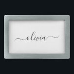 Hebilla De Cinturón Rectangular Black White Modern Script Girly Monograma Nombre<br><div class="desc">Hebilla del cinturón de nombres de la correa del guión simple negro y blanco. Esto hace que la graduación perfecta, dulce 16 16, 18, 21, 30, 40, 50, 60, 70, 80, 90, 100 años, boda, ducha de novias, aniversario, ducha de bebé o despedida de soltera para alguien que ama el...</div>