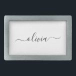 Hebilla De Cinturón Rectangular Black White Modern Script Girly Monograma Nombre<br><div class="desc">Hebilla del cinturón de nombres de la correa del guión simple negro y blanco. Esto hace que la graduación perfecta, dulce 16 16, 18, 21, 30, 40, 50, 60, 70, 80, 90, 100 años, boda, ducha de novias, aniversario, ducha de bebé o despedida de soltera para alguien que ama el...</div>