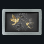 Hebilla De Cinturón Rectangular Colibrí negro y dorado<br><div class="desc">Colibríes con joyas negras y doradas sobre un fondo gris adornado con plantas. Aves de joyas. Ave dorada. Ave dorada.</div>