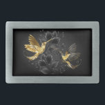 Hebilla De Cinturón Rectangular Colibrí negro y dorado<br><div class="desc">Colibríes con joyas negras y doradas sobre un fondo gris adornado con plantas. Aves de joyas. Ave dorada. Ave dorada.</div>