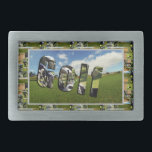 Hebilla De Cinturón Rectangular Collage de fotos Y Logo Del Campo De Golf,<br><div class="desc">En la imagen se muestra un campo de golf con las palabras golf hecho a partir de una imagen de un club de golf,  rodeado de varias imágenes de golf</div>