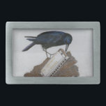 Hebilla De Cinturón Rectangular Crow y Harmonica<br><div class="desc">Dibujo a lápiz de color de un curioso cuervo que investiga una armónica brillante que ha encontrado.</div>