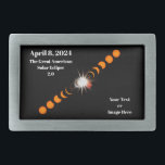 Hebilla De Cinturón Rectangular Eclipse solar total de 2024<br><div class="desc">¿Planea ver el eclipse solar total de 2024? Entonces, que el mundo sepa que estarás ahí y que será increíble. Este diseño consiste en imágenes secuenciales de un eclipse solar total en progreso, mostrando el efecto de anillo de diamante en el centro, con la fecha "8 de abril. 2024" y...</div>