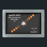 Hebilla De Cinturón Rectangular Eclipse solar total de 2024<br><div class="desc">¿Planea ver el eclipse solar total de 2024? Entonces, que el mundo sepa que estarás ahí y que será increíble. Este diseño consiste en imágenes secuenciales de un eclipse solar total en progreso, mostrando el efecto de anillo de diamante en el centro, con la fecha "8 de abril. 2024" y...</div>