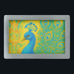 Hebilla De Cinturón Rectangular Elegante pájaro turquesa de pavo real<br><div class="desc">Esta elegante hebilla de pavo real muestra el pájaro en colores turquesa y azul sobre un fondo con motivos amarillos. Imagen generada con IA.</div>
