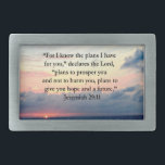 HEBILLA DE CINTURÓN RECTANGULAR FE EN JEREMIAH 29:11 SUNRISE VERSE<br><div class="desc">Comparte los milagros y bendiciones de Dios con este hermoso diseño fotográfico de Jeremías 29:11 en Tees inspiradores, joyas, decoración doméstica, tazas y regalos. "Porque sé los planes que tengo para ti", declara el Señor. Este pintoresco diseño de Jeremías 29:11 hará un tesoro regalo cuando bendiga a ese especial que...</div>