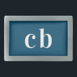 Hebilla De Cinturón Rectangular Iniciales de monograma blanco azul elegante modern<br><div class="desc">Un fondo azul océano clásico y texto blanco. Personalice y agregue sus iniciales de monograma.</div>