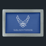 Hebilla De Cinturón Rectangular Logo de la Fuerza Aérea de Estados Unidos - Azul<br><div class="desc">Este diseño muestra el logo oficial de la Fuerza Aérea de Estados Unidos con un llamativo fondo azul. Simbolizando orgullo,  dedicación y servicio,  es un tributo atemporal y patriótico a la Fuerza Aérea de Estados Unidos y su rica tradición de excelencia.</div>