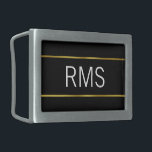 Hebilla De Cinturón Rectangular Monograma blanco y oro negro minimalista<br><div class="desc">Tres letras grandes y blancas forman el texto que se puede reemplazar con el monograma adecuado. Las iniciales están en un fondo negro. Las falsas franjas de oro son una representación artística.</div>