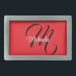 Hebilla De Cinturón Rectangular Monograma moderno minimalista nombre inicial rojo<br><div class="desc">Monograma moderno minimalista nombre inicial blanco negro. Nombre personalizado personalizable con una inicial cursiva detrás en un color rojo.</div>