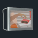 Hebilla De Cinturón Rectangular Mujeres presionando con la mano el botón de snooze<br><div class="desc">Composición matutina en el interior del chica glamour</div>