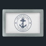 Hebilla De Cinturón Rectangular Nautical Anchor Bote Name Navy Blue Boating Person<br><div class="desc">Añada el nombre y la ubicación de su barco o capitán haciendo clic en el botón "Personalizar" situado arriba. Podrá navegar en estilo con nuestra franja náutica personalizado, la mejor compañía para sus aventuras marítimas. Esta hebilla de cinturón tiene un diseño bonito inspirado en las maravillas del océano, con motivos...</div>