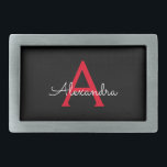 Hebilla De Cinturón Rectangular Nombra de monograma de guión negro rojo<br><div class="desc">Hebilla de nombre del cinturón de seguridad de escritura simple negra y roja. Esto hace que la graduación perfecta, dulce 16 16, 18, 21, 30, 40, 50, 60, 70, 80, 90, 100 años, boda, ducha de novias, aniversario, ducha de bebé o despedida de soltera para alguien que ama el lujo...</div>