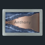 Hebilla De Cinturón Rectangular Nombre de cobre de mármol agre azul<br><div class="desc">Un ágata azul oscuro y un roperador,  una huella de mármol como fondo. Personaliza y agrega tu nombre.</div>