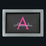 Hebilla De Cinturón Rectangular Nombre del Monograma de Giro del Guión Negro Calie<br><div class="desc">Hebilla de nombre del cinturón de seguridad simple manuscrito negro y rosado caliente. Esto hace que la graduación perfecta, dulce 16 16, 18, 21, 30, 40, 50, 60, 70, 80, 90, 100 años, boda, ducha de novias, aniversario, ducha de bebé o despedida de soltera para alguien que ama el lujo...</div>