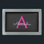 Hebilla De Cinturón Rectangular Nombre del Monograma de Giro del Guión Negro Calie<br><div class="desc">Hebilla de nombre del cinturón de seguridad simple manuscrito negro y rosado caliente. Esto hace que la graduación perfecta, dulce 16 16, 18, 21, 30, 40, 50, 60, 70, 80, 90, 100 años, boda, ducha de novias, aniversario, ducha de bebé o despedida de soltera para alguien que ama el lujo...</div>