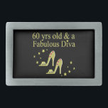 HEBILLA DE CINTURÓN RECTANGULAR ORO DE 60 AÑOS Y UNA FABULOSA DIVA<br><div class="desc">Esta ostentosa reina de zapatos de 60 años adorará nuestro diseño de tacones altos de oro en Camisetas de cumpleaños número 60, ropa y regalos excepcionales como joyas, decoración de casa, artículos de fiesta, tazas y más. Sorprenda a su preciosa niña de 60 años con este elegante diseño de 60...</div>