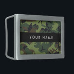 Hebilla De Cinturón Rectangular Patrón de camuflaje verde, nombre, personalización<br><div class="desc">Elegante,  elegante y sofisticado camuflaje de color verde y marrón. Regalo moderno y moderno,  perfecto para el amante del ejército en tu vida. Personalice agregando su nombre,  apodo,  monograma o iniciales.</div>