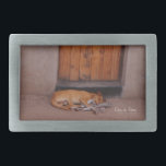 Hebilla De Cinturón Rectangular Perro en reposo<br><div class="desc">Las fotografías y los regalos del perro en el Resto de la Naturaleza muestran una hermosa fotografía de un perro moreno durmiendo frente a una cabaña de barro con una puerta naranja en África tomada por Kurt Keller en la tarde mientras estaba en un safari africano. Cualquiera que ame a...</div>
