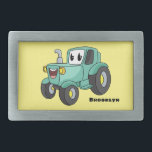 Hebilla De Cinturón Rectangular Personalizado de tractores verde feliz<br><div class="desc">¡Este feliz tractor verde está listo para arar tiempo! Dibujado en un divertido estilo personalizado.</div>