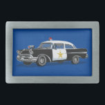 Hebilla De Cinturón Rectangular Policías Vintage Carro Azul<br><div class="desc">Esta hebilla de cinturón es un regalo único para los oficiales de policía y las fuerzas del orden. El diseño presenta un auto de la policía de época con un fondo azul. Diseñado por la artista de renombre mundial ©Tim Coffey.</div>