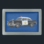 Hebilla De Cinturón Rectangular Policías Vintage Carro Azul<br><div class="desc">Esta hebilla de cinturón es un regalo único para los oficiales de policía y las fuerzas del orden. El diseño presenta un auto de la policía de época con un fondo azul. Diseñado por la artista de renombre mundial ©Tim Coffey.</div>