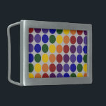 Hebilla De Cinturón Rectangular Puntos de polka arcoiris sobre gris<br><div class="desc">Este elemento personalizado muestra filas de puntos de polka de color arcoiris sobre un fondo gris. El gris tiene un toque casi metálico. Las filas de desvío forman diagonales de cada color: violeta, índigo, azul, verde, amarillo, naranja y rojo. Imagen creada digitalmente. Copyright © 2011 Claire E. Skinner. Todos Los...</div>