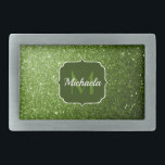 Hebilla De Cinturón Rectangular Purpurina de imitación verde claro brillante Monog<br><div class="desc">Personaliza con tu nombre inicial. Un regalo chispeante para ella. Hermoso purpurina brillante verde y glamuroso de diseño con brillantes destellos. ¡Foto de purpurinas de chispas verde claro!</div>