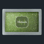 Hebilla De Cinturón Rectangular Purpurina de imitación verde claro brillante Monog<br><div class="desc">Personaliza con tu nombre inicial. Un regalo chispeante para ella. Hermoso purpurina brillante verde y glamuroso de diseño con brillantes destellos. ¡Foto de purpurinas de chispas verde claro!</div>