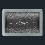 Hebilla De Cinturón Rectangular Purpurina negro plateado Script Monograma Nombre d<br><div class="desc">Hebilla de Monograma con Purpurina de guion de esparkle negro y plateado. Esto hace que la graduación perfecta, dulce 16 16, 18, 21, 30, 40, 50, 60, 70, 80, 90, 100 años, boda, ducha de novias, aniversario, ducha de bebé o despedida de soltera para alguien que ama el lujo y...</div>