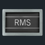 Hebilla De Cinturón Rectangular Rayas de aspecto Metalizado cepillado negro modern<br><div class="desc">Tres letras grandes y blancas forman el texto que se puede reemplazar con el monograma adecuado. Las iniciales están en un fondo negro. El aspecto metalizado cepillado que forma las rayas es una representación artística.</div>