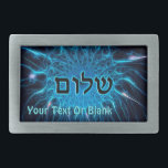 Hebilla De Cinturón Rectangular Shalom En Fractal Azul<br><div class="desc">Texto oscuro que dice "Shalom" (hebreo: paz) superpuesto sobre una imagen fractal azul más clara. Añade tu propio texto adicional.</div>