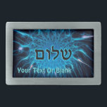 Hebilla De Cinturón Rectangular Shalom En Fractal Azul<br><div class="desc">Texto oscuro que dice "Shalom" (hebreo: paz) superpuesto sobre una imagen fractal azul más clara. Añade tu propio texto adicional.</div>