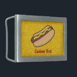 Hebilla del cinturón de seguridad<br><div class="desc">ilustracion personalizado de hotdog. Iconos de contorno de comida basura fondo de patrón amarillo. Texto personalizado.</div>