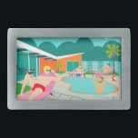 Hebilla del cinturón del Fiesta de la piscina gay<br><div class="desc">Este diseño de la hebilla del cinturón Fiesta de la piscina gay retro presenta cuatro bizcochos de colores que tienen un tiempo gay mientras superan el calor de las manantiales de palmera al descansar alrededor del agua azul turquesa de su piscina atómica en forma de boomerang. La arquitectura moderna de...</div>