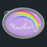 Hebilla del cinturón oval púrpura pálida del arco<br><div class="desc">La hebilla del cinturón nombrada del arco iris,  lee,  brezo o personaliza actualmente con el nombre de su opción (hasta 7 letras solamente). Diseño inspirado de los muchos arco iris hermosos aquí en Victoria,  Australia. Artículo diseñado exclusivamente por Sarah Trett.</div>