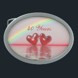 Hebilla Ovalada Corazones de rubí a 40 años<br><div class="desc">Una idea de regalo única durante 40 años juntos,  esta hebilla de cinturón tiene mi imagen de 2 corazones rojos ruby flotando en el agua bajo un arco iris. El texto del personalizable dice "40 años".</div>