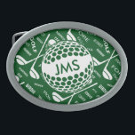 Hebilla Ovalada Modelo con monograma para el golfista<br><div class="desc">Los deportes personalizados golf diseño temático en verde y blanco. Ofrece una bola del oro que se pueda modificar para requisitos particulares con iniciales del monograma y un modelo del fondo de los clubs de golf, de las pelotas de golf y de la diversa tipografía golfing de los términos -...</div>