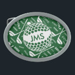 Hebilla Ovalada Modelo con monograma para el golfista<br><div class="desc">Los deportes personalizados golf diseño temático en verde y blanco. Ofrece una bola del oro que se pueda modificar para requisitos particulares con iniciales del monograma y un modelo del fondo de los clubs de golf, de las pelotas de golf y de la diversa tipografía golfing de los términos -...</div>