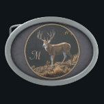 Hebilla Ovalada Monograma de Gris de carbón de Mule Deer Buck<br><div class="desc">Cría de ciervo de mula en una cresta iluminada por el sol brillando con luz de color de otoño. Personalice con sus propias iniciales,  texto o monograma. Se acentúa con un sofisticado fondo de color gris carbón vegetal.</div>