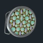Hebilla Ovalada Opal Brooch Gem Gemstone Turquoise Pattern<br><div class="desc">Esta hebilla de cinturón tiene un patrón de inclinación de brocha opal de bonito con cadenas de oro. Este diseño impreso único tiene el aspecto de ópalos dispuestos en una especie de mosaico sobre un fondo negro de personalizable. Las formas ovaladas tienen un aspecto opaco de madre a perla con...</div>